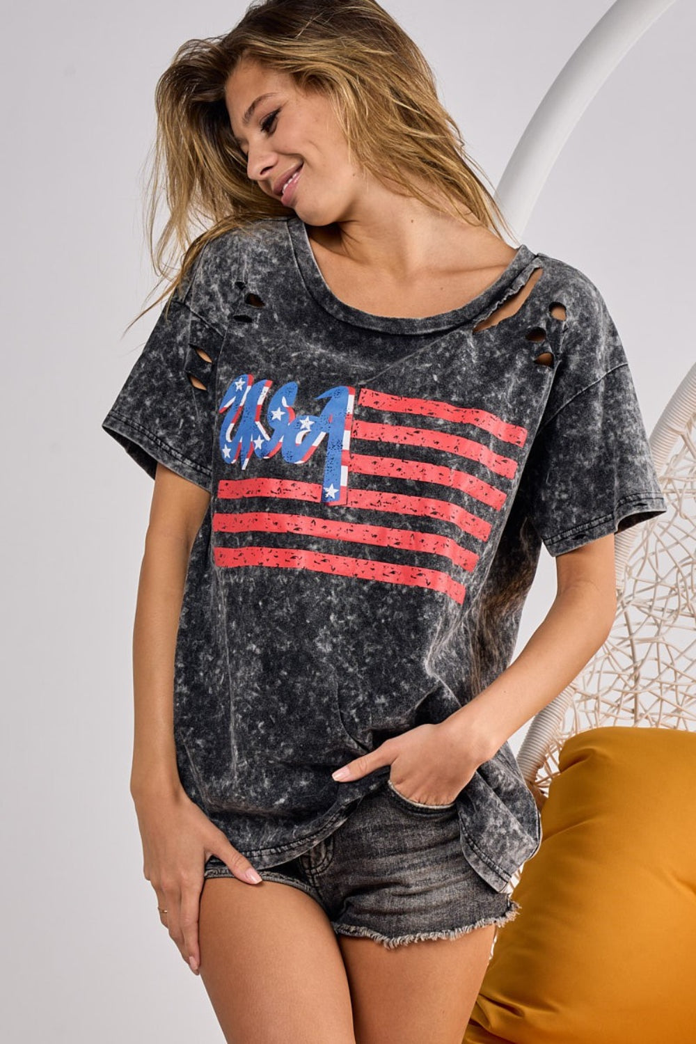 BiBi US Flag Washed Laser Cut T-Shirt - T - 1 COLOR -