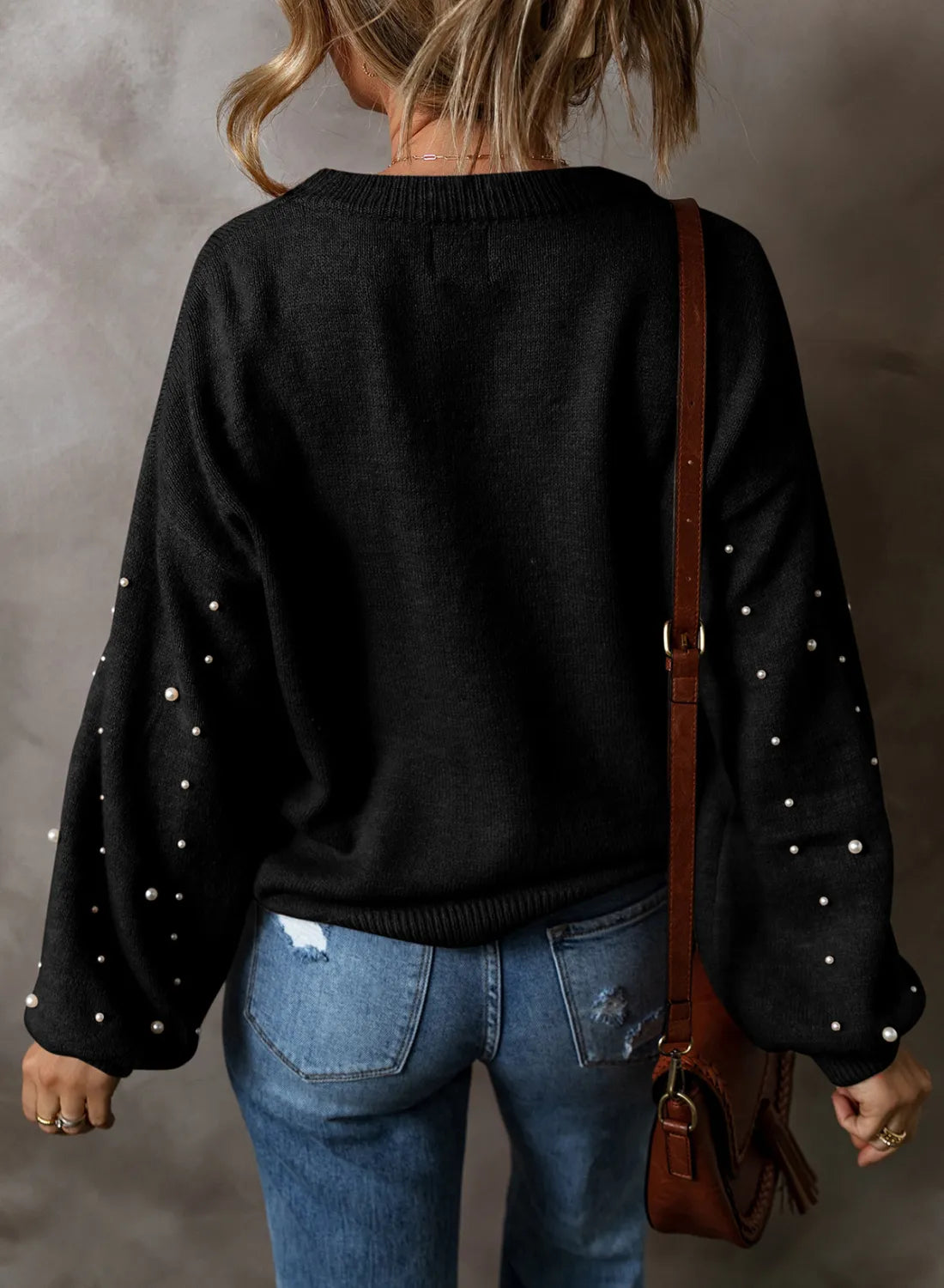 Pearl Detail Round Neck Long Sleeve Sweater - T - 4 COLORS -