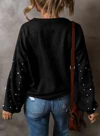 Thumbnail for Pearl Detail Round Neck Long Sleeve Sweater - T - 4 COLORS -