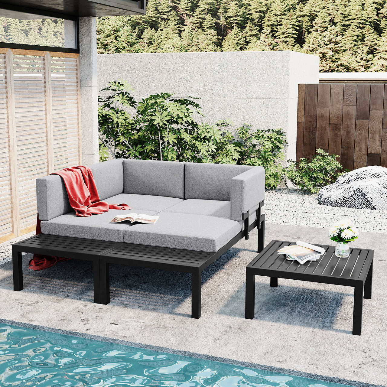 Outdoor 3-Piece Aluminum Alloy Sectional Sofa Set With End Table and Coffee Table,Black Frame+Gray Cushion