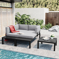 Thumbnail for Outdoor 3-Piece Aluminum Alloy Sectional Sofa Set With End Table and Coffee Table,Black Frame+Gray Cushion