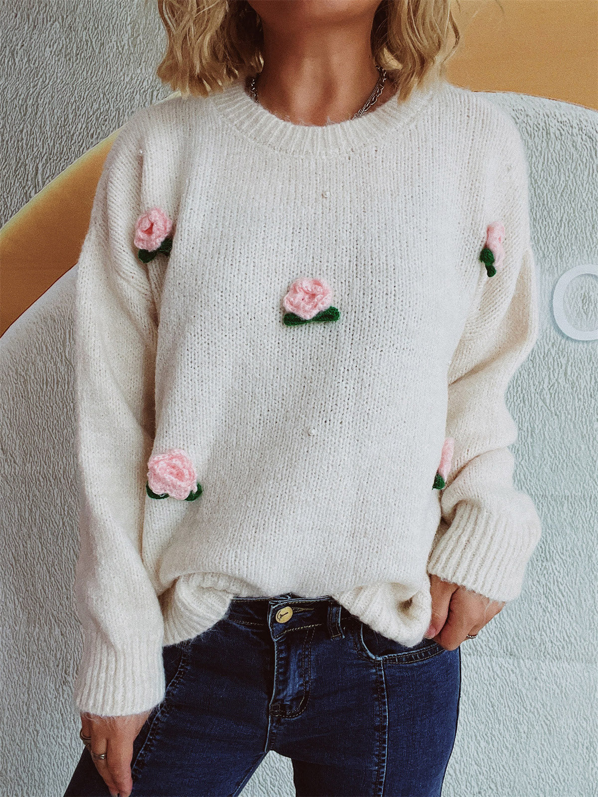 Flower Round Neck Long Sleeve Sweater - 1 OVERSIZE - T - 2 COLORS -