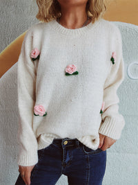 Thumbnail for Flower Round Neck Long Sleeve Sweater - 1 OVERSIZE - T - 2 COLORS -