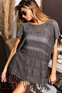 Thumbnail for BiBi Fringed Hem Short Sleeve Knit Top - Beach or Everyday - T - 1 COLOR -