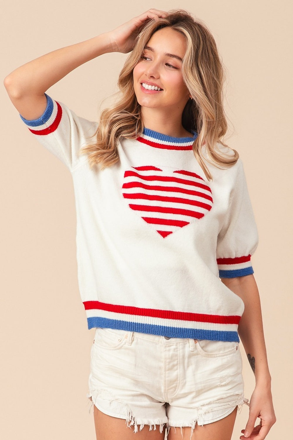 BiBi US Flag Theme Striped Heart Sweater - T - 1 COLOR -