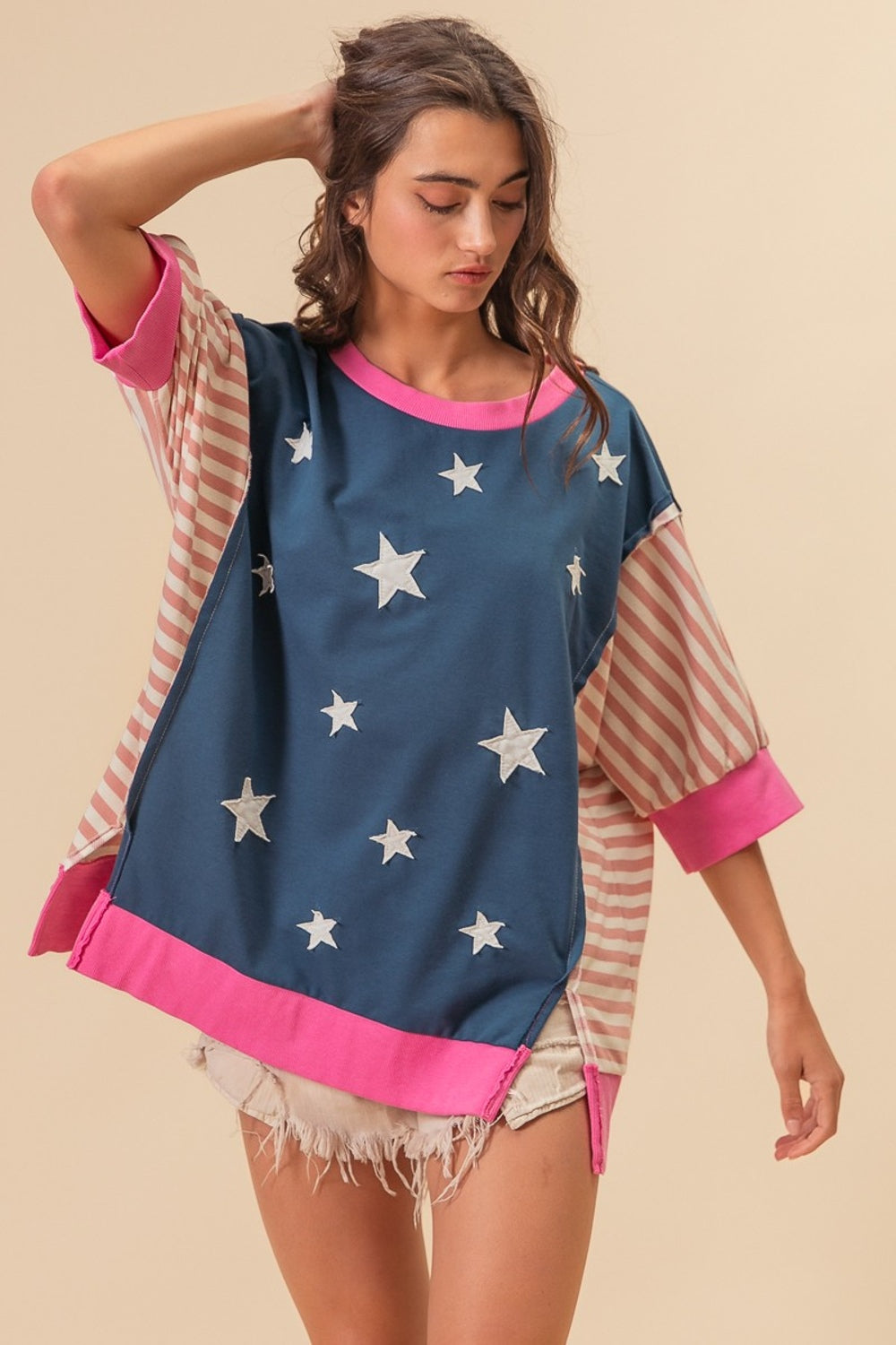 BiBi US Flag Theme Color Block Star Patch T-Shirt - T - 1 COLOR -