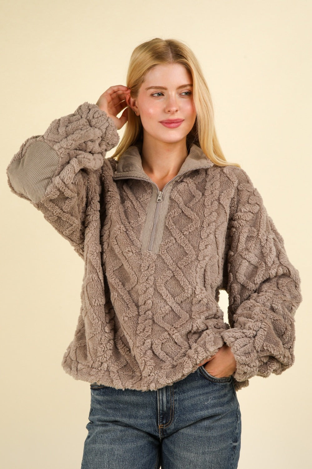 VERY J Fuzzy Fleece Half Zip Cable Pattern Sweatshirt - T - 1 COLOR -