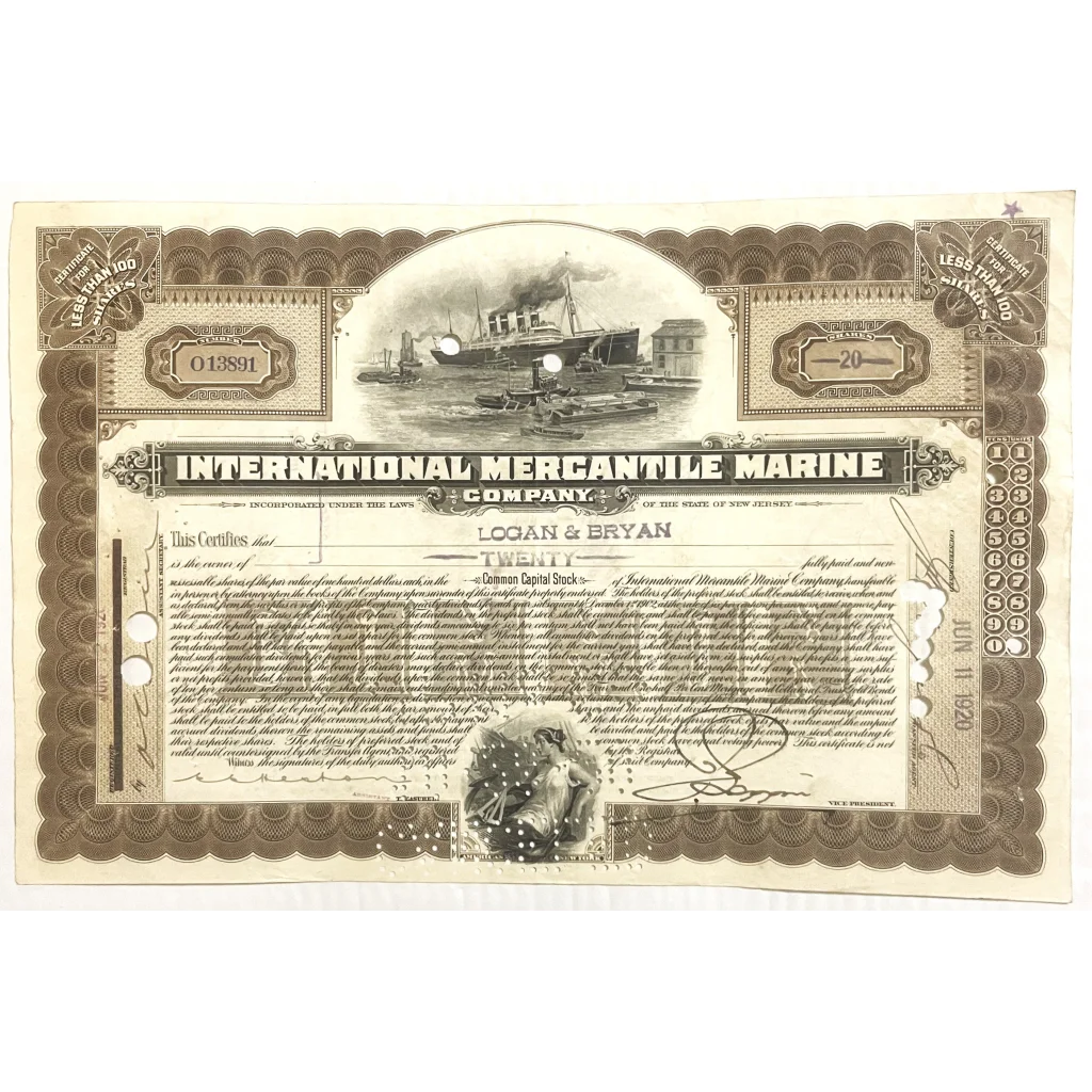 Antique 1910s - 1920s Titanic International Mercantile Marine Stock Certificate - Brown