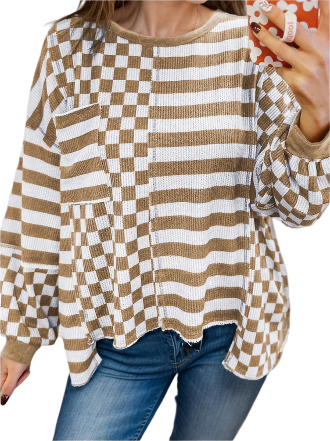 Checker & Stripes Round Neck Long Sleeve Blouse - T - 1 COLOR -