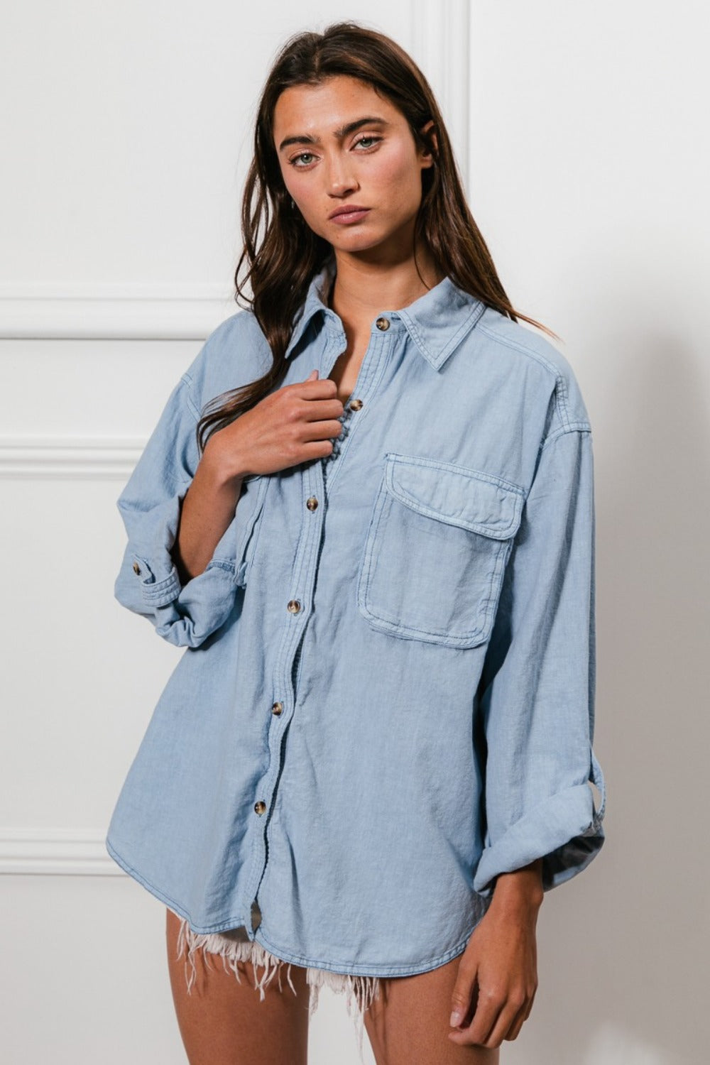 BiBi Button Down Stitch Detail Shirt with Chest Pockets - T - 1 COLOR -