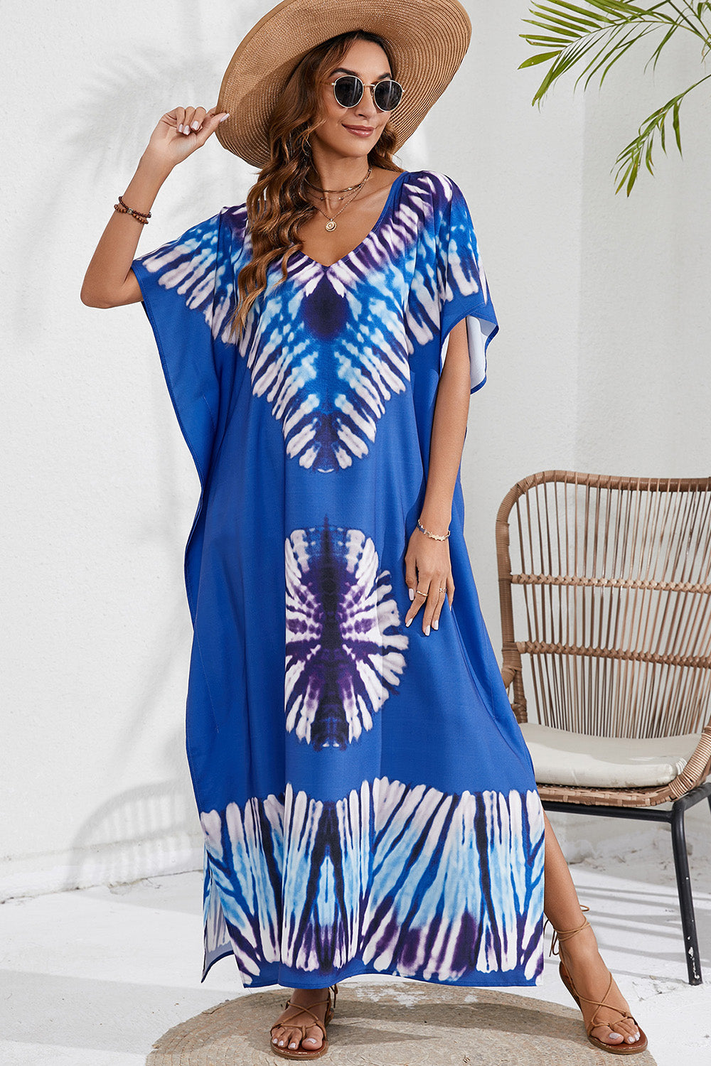 Slit Printed V-Neck Short Sleeve Cover Up - 1 SIZE FITS ALL - T - 12 COLORS/PATTERNS -