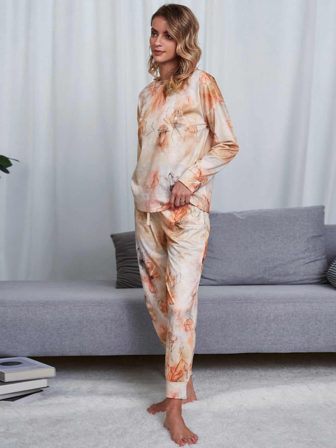 Tie-Dye Round Neck Top and Pants Lounge set - 2 PCS. - T -