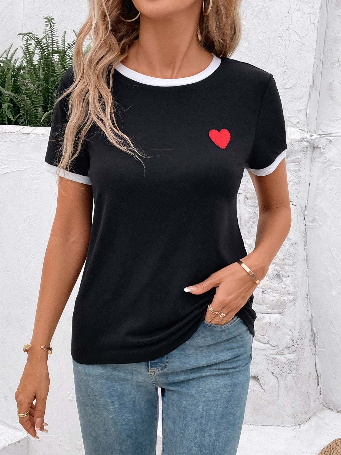 Heart Round Neck Short Sleeve T-Shirt - T - 1 COLOR -