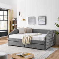 Thumbnail for Queen Size Daybed With Two Drawers Trundle Upholstered Tufted Sofa Bed, Linen Fabric, Grey (88