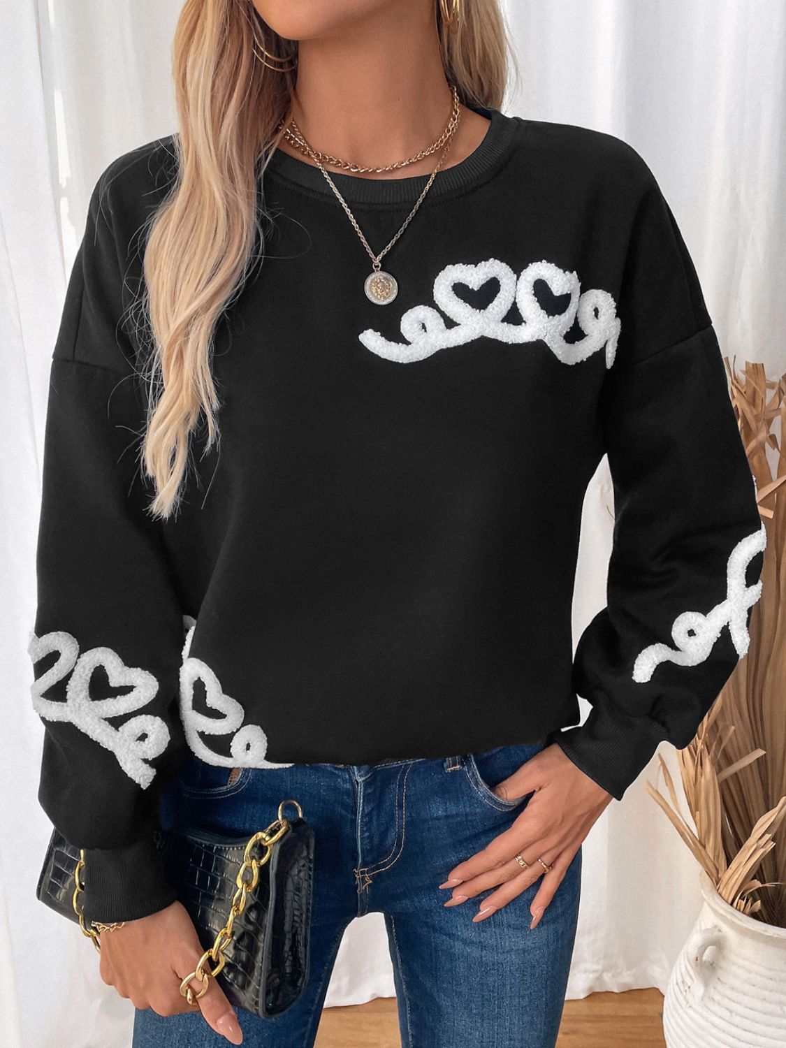 Perfee Heart Round Neck Long Sleeve Sweater - T - 1 COLOR -