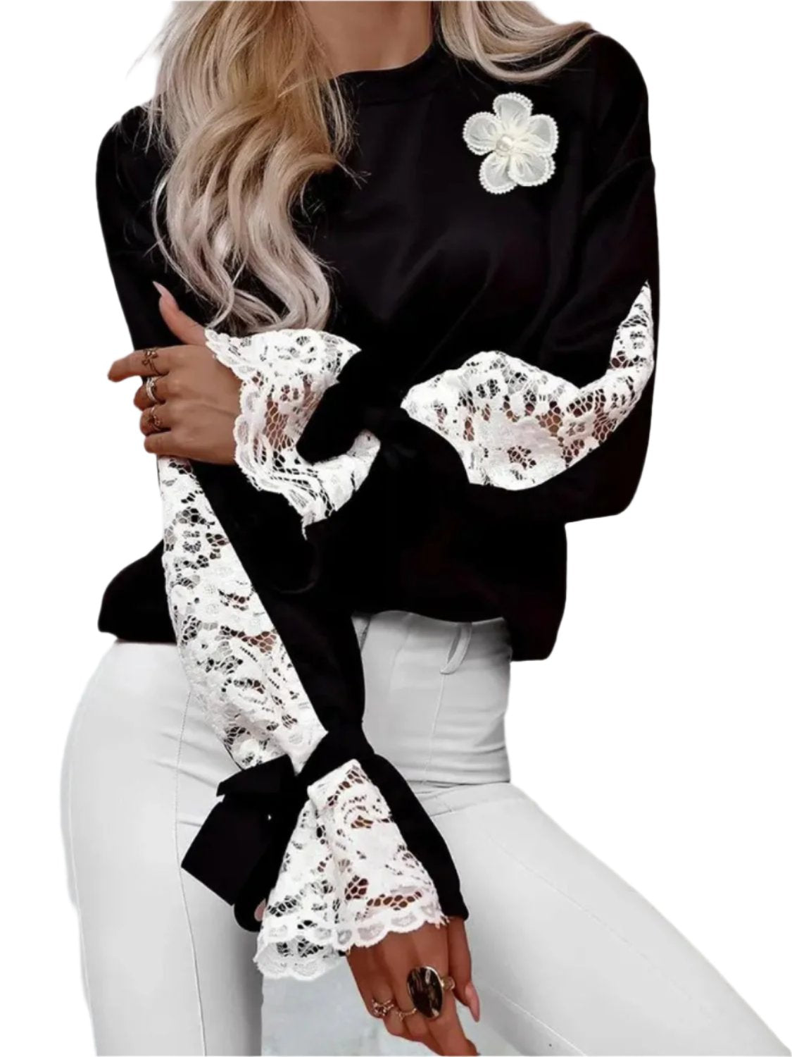 Lace Detail Tied Cuff Long Sleeve - T - 1 COLOR -