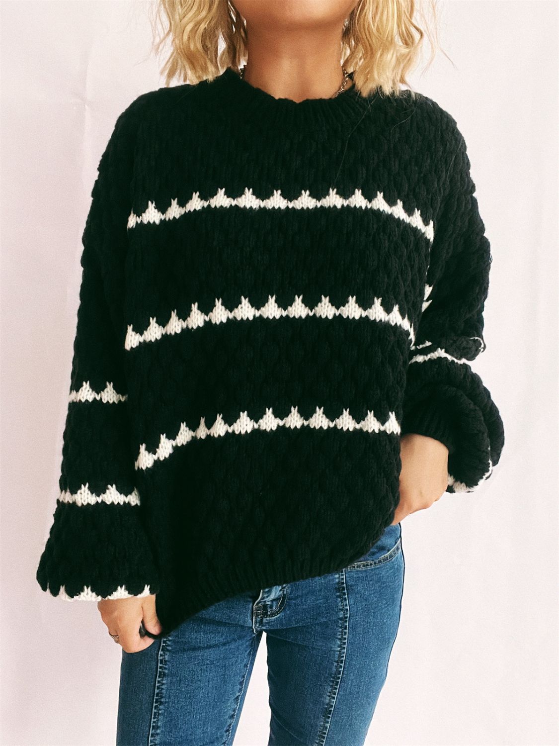 Contrast Stripes Round Neck Long Sleeve Sweater - T - 2 COLORS -