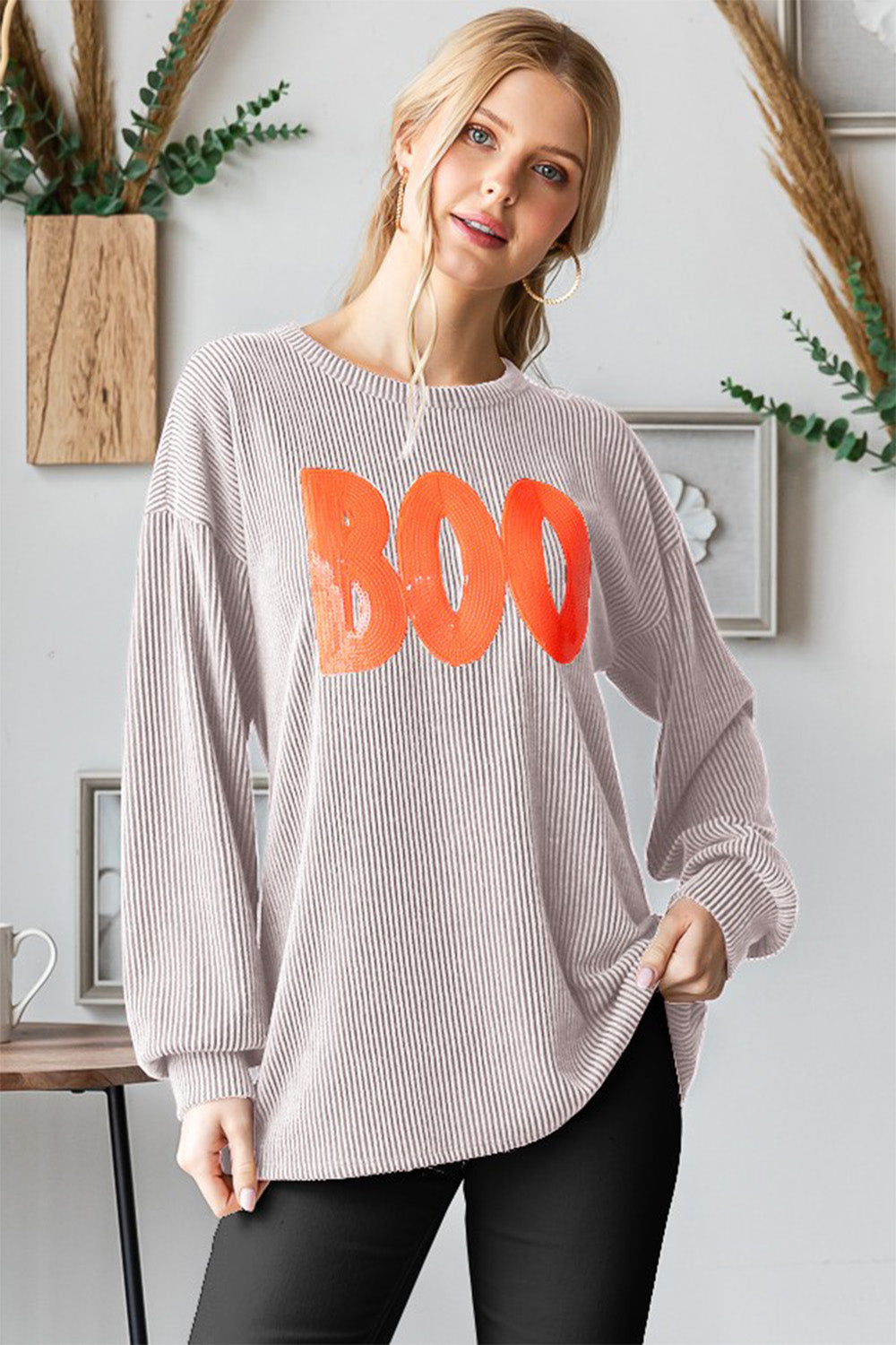 Heimish 'BOO' Round Neck Long Sleeve Ribbed T-Shirt - T - 1 COLOR -