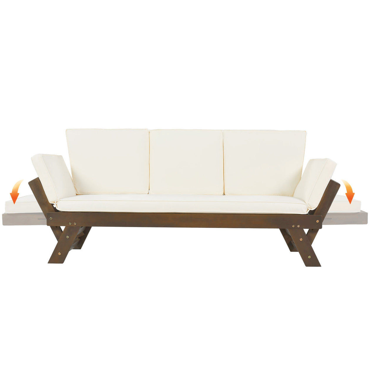 Outdoor Adjustable Patio Wooden Daybed Sofa Chaise Lounge With Cushions for Small Places, Brown Finish+Beige Cushion