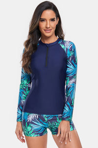 Thumbnail for Printed Quarter Zip Long Sleeve Two-Piece Swim Set - T - 1 COLOR -