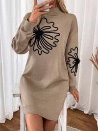 Thumbnail for Perfee Flower Mock Neck Long Sleeve Sweater Dress - PAIR WITH LEGGINGS! - T - 1 COLOR -