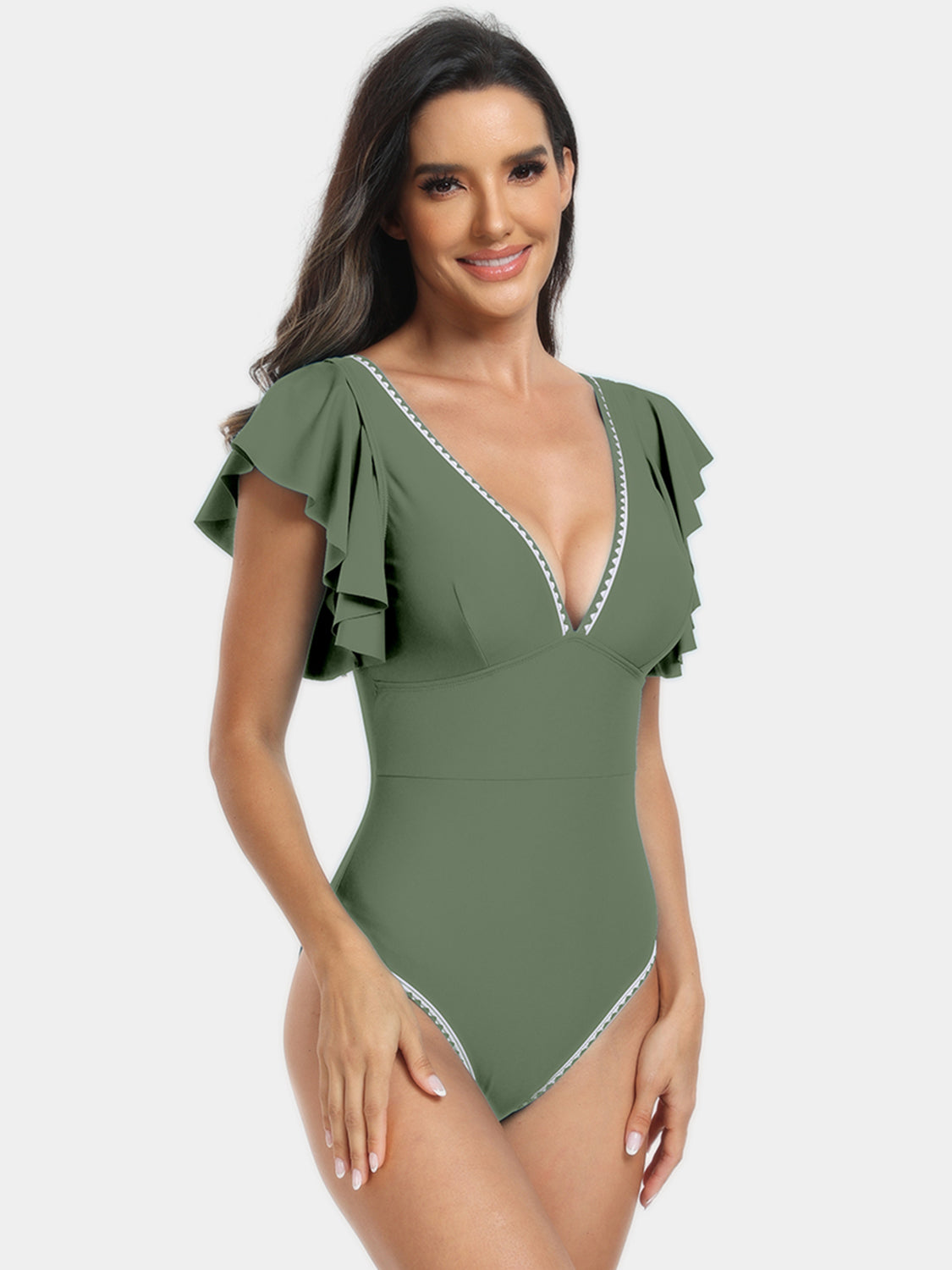 Plunge Cap Sleeve One-Piece Swimwear - T - 6 COLORS -