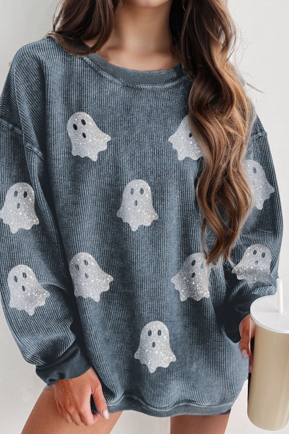 Glitter Ghost Round Neck Long Sleeve Sweatshirt - T - 3 COLORS -