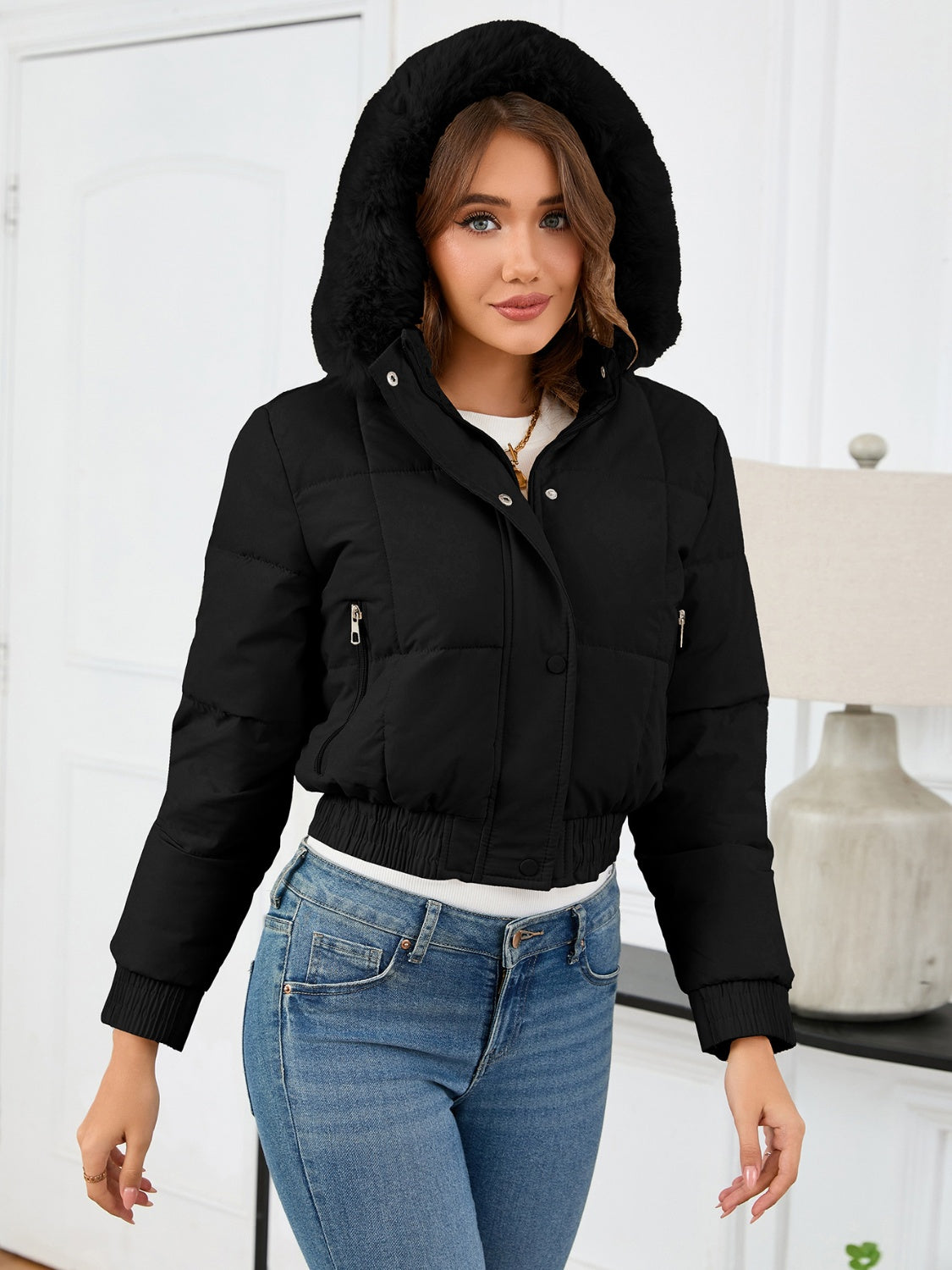 Pocketed Long Sleeve Cropped Hooded Winter Coat - T - 4 COLORS -