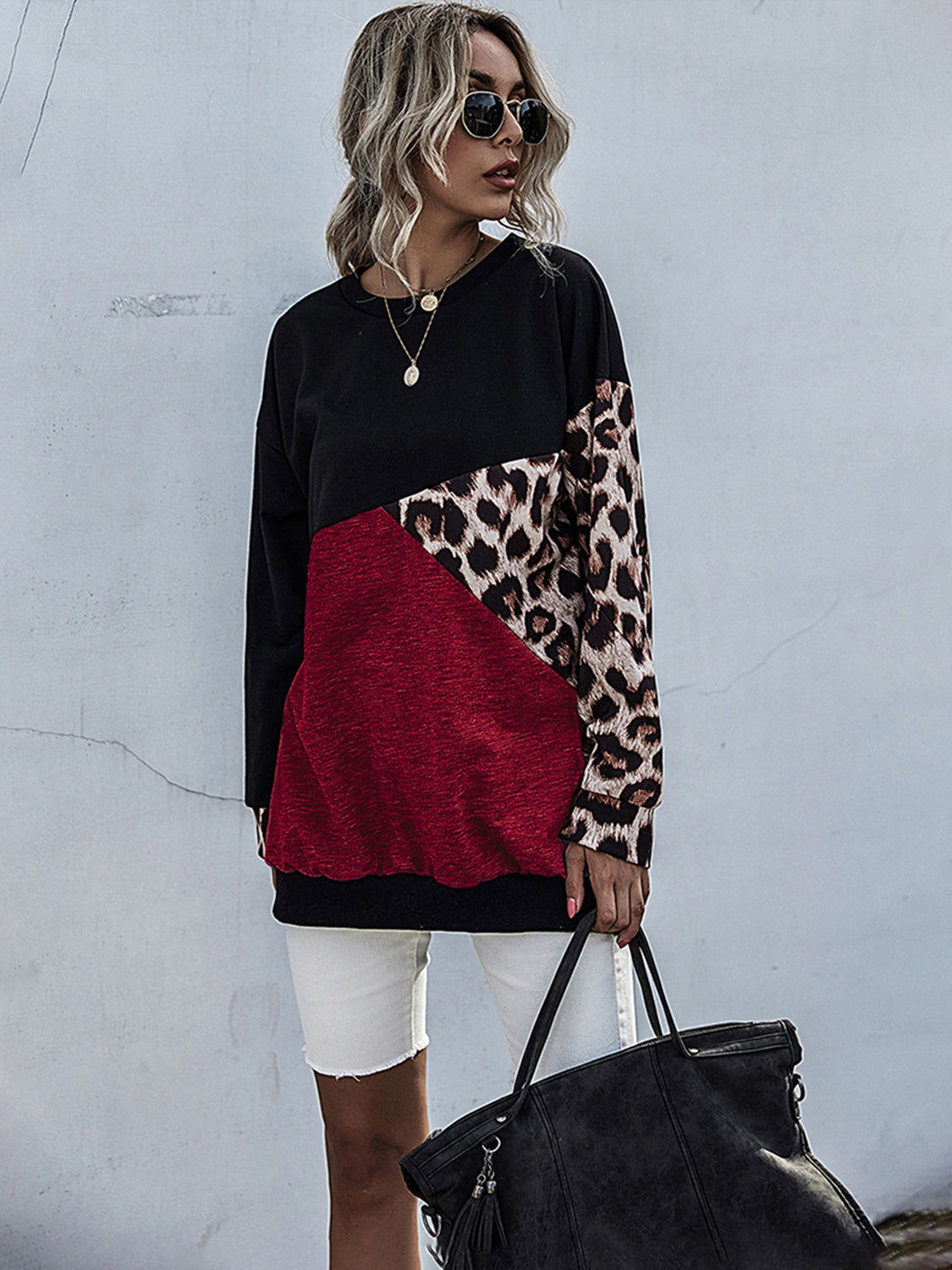 Perfee Leopard Contrast Long Sleeve Sweatshirt - T - 1 COLOR -