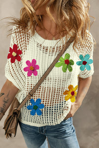 Thumbnail for Flower Round Neck Half Sleeve Knit Cover Up - Beach or Everyday - T - 3 COLORS -