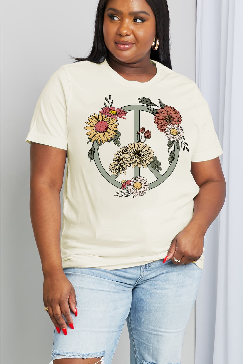 Simply Love Full Size Flower Peace sign Graphic Cotton Tee - T - 2 COLORS -