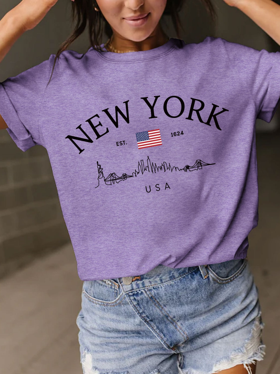 New York Skyline Letter Graphic Round Neck Short Sleeve T-Shirt - 10 COLORS -