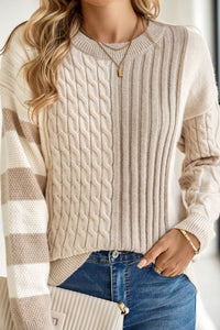 Thumbnail for Cable-Knit Color Block Round Neck Sweater - T - 1 COLOR -