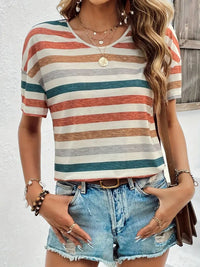 Thumbnail for Striped Round Neck Short Sleeve T-Shirt - T - 2 COLORS -