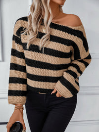 Thumbnail for Striped Dropped Shoulder Long Sleeve Sweater - T - 2 COLORS -