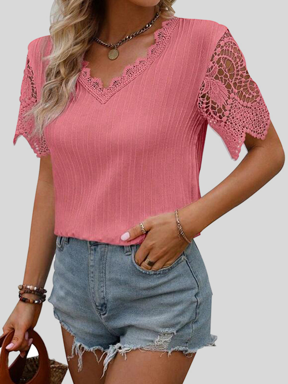 Lace Detail V-Neck Short Sleeve Blouse - T - 4 COLORS -