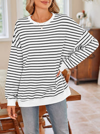 Thumbnail for Striped Round Neck Long Sleeve Sweatshirt - T - 6 COLORS -