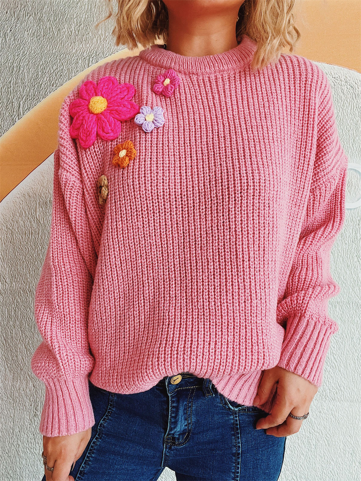 Crochet Flower Round Neck Dropped Shoulder Sweater - 1 OVERSIZE - T - 3 COLORS -