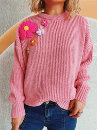 Thumbnail for Crochet Flower Round Neck Dropped Shoulder Sweater - 1 OVERSIZE - T - 3 COLORS -