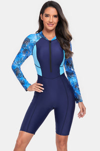 Thumbnail for Printed Half Zip Long Sleeve One-Piece Swimwear - T - 1 COLOR -