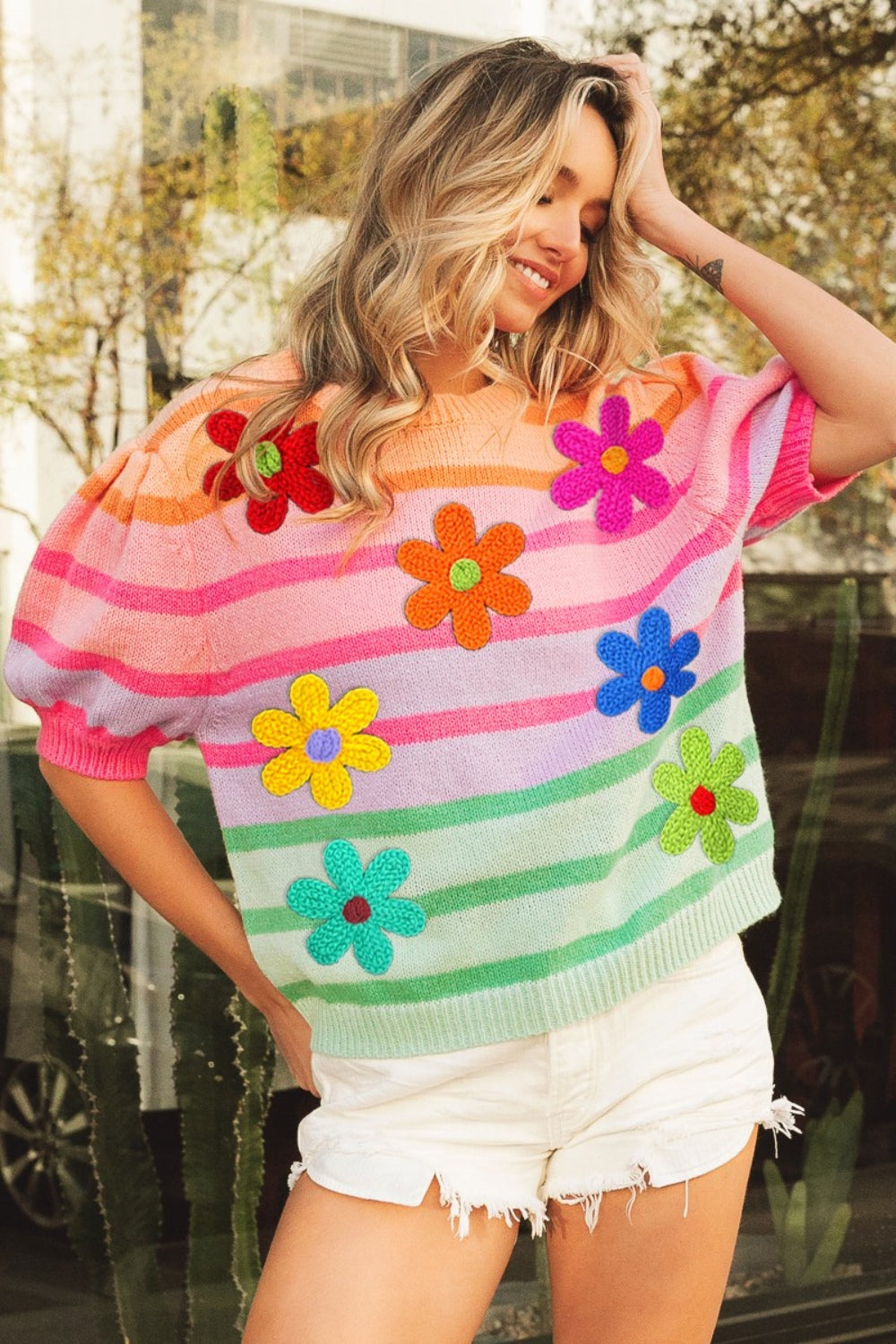 BiBi Flower Patch Puff Sleeve Striped Sweater - T - 1 COLOR -