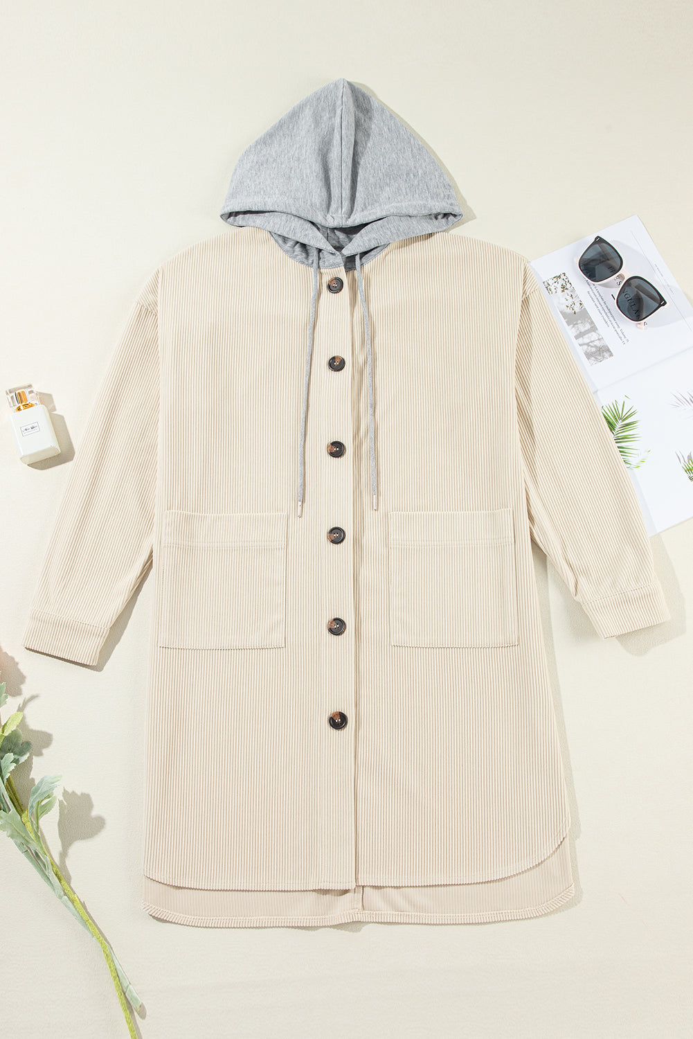 Drawstring Button Up Long Sleeve Hooded Jacket - T - 2 COLORS -