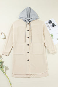 Thumbnail for Drawstring Button Up Long Sleeve Hooded Jacket - T - 2 COLORS -