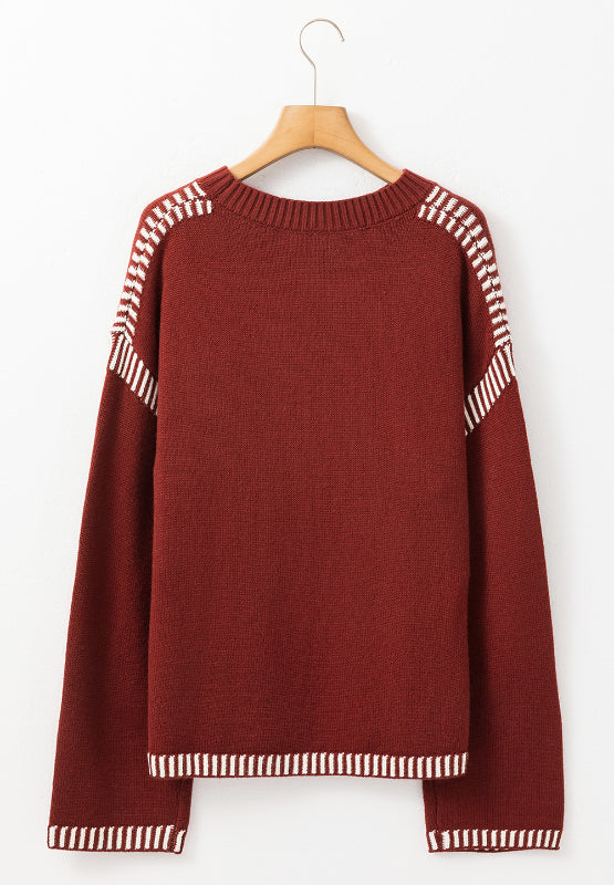 Striped Detail Round Neck Dropped Shoulder Sweater - T - 1 COLOR -