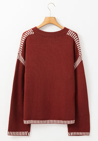 Thumbnail for Striped Detail Round Neck Dropped Shoulder Sweater - T - 1 COLOR -