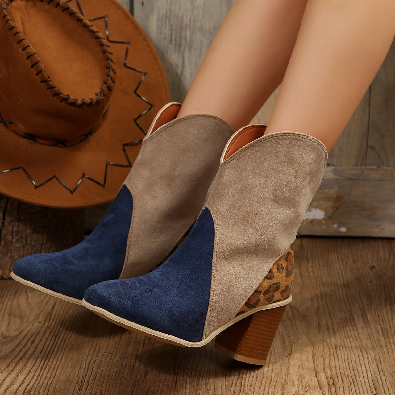 Suede Square Toe Block Heel Boots - T - 4 COLORS -