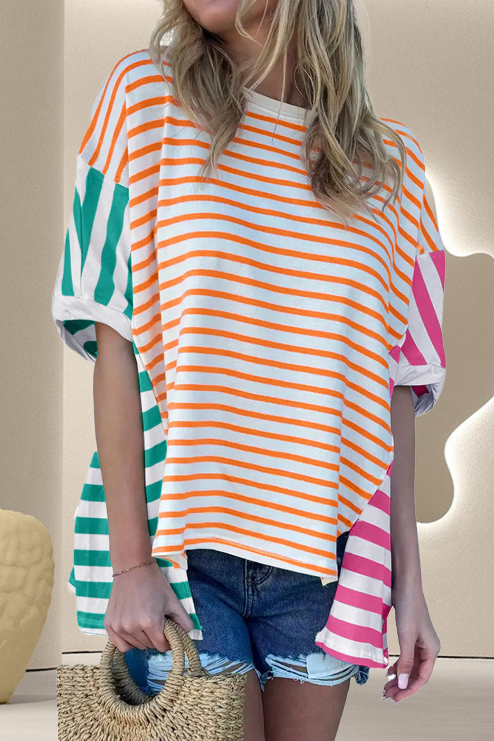 Contrast Striped Round Neck Half Sleeve T-Shirt - T - 1 COLOR -