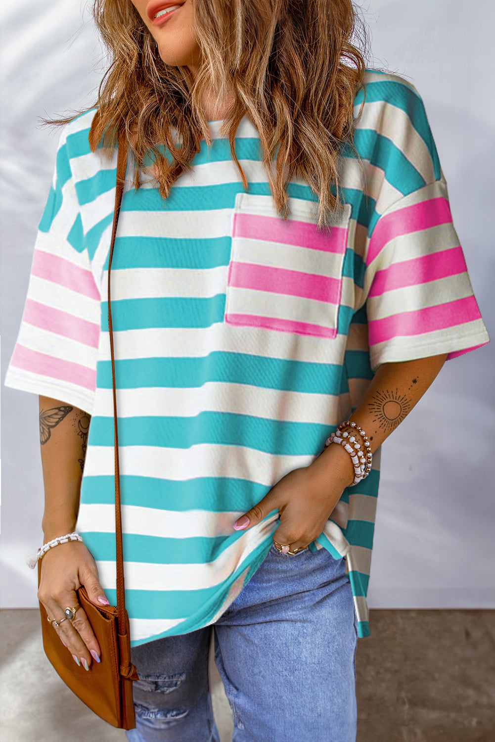 Striped Round Neck Half Sleeve T-Shirt - T - 2 COLORS -