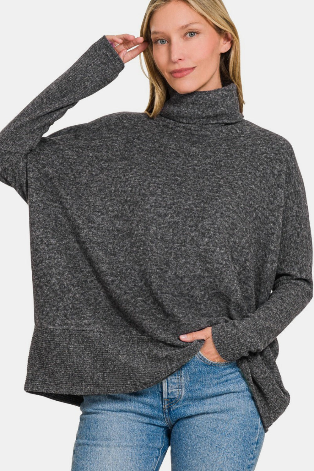 Zenana Oversized Brushed Melange Hacci Turtleneck Sweater - 4 SIZE COMBOS - T - 1 COLOR -