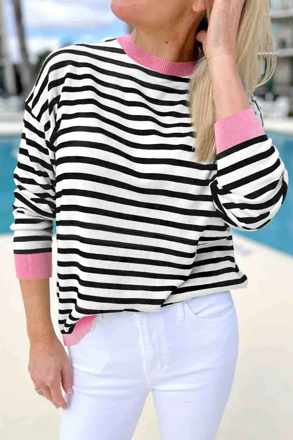 Striped Round Neck Long Sleeve Sweatshirt - T - 1 COLOR -